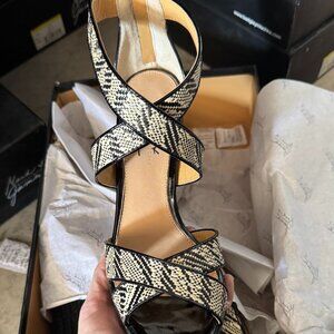 Mark & James Badgley REZA II BLACK Natural Raffia Leather Wanton Wedges Sandals